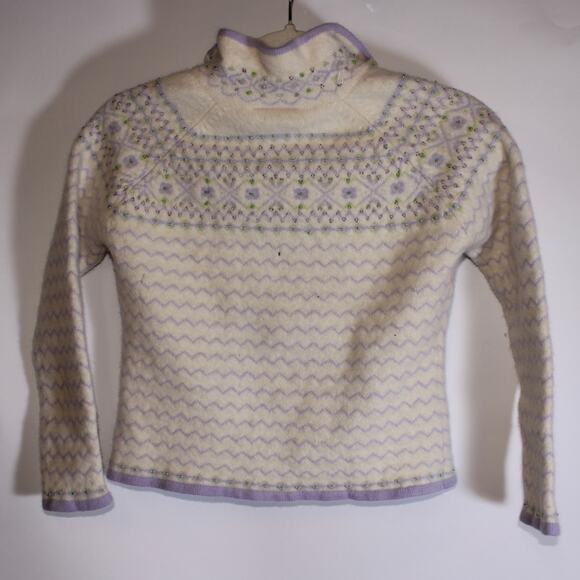 Vintage Talbots Cream Spring Wool Zip Up Sweater With Beading Size M - Picture 2 of 4